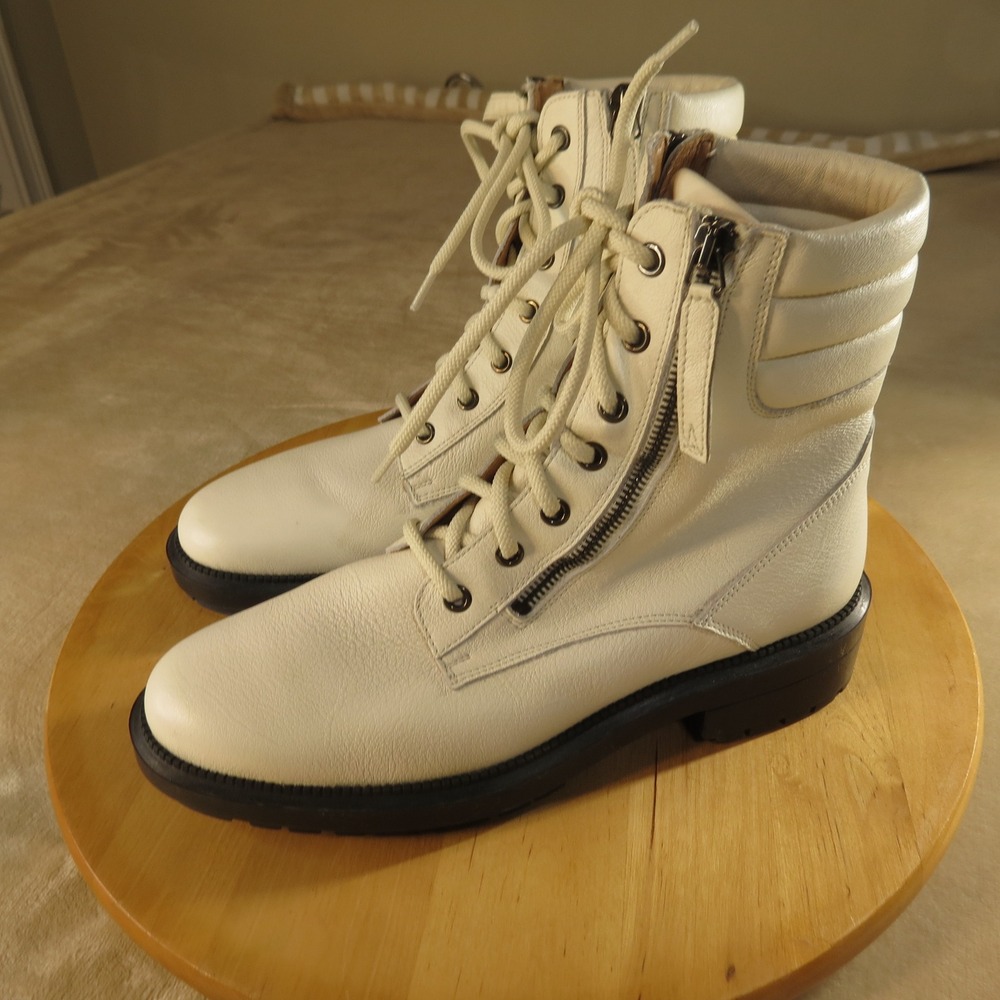 Aquatalia Boots Womens 8 Off White Leather Combat Side Zip Made in Italy